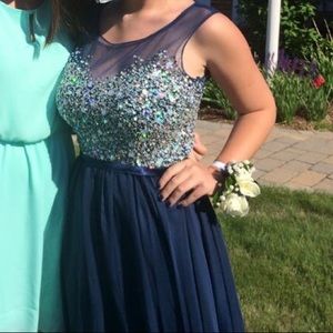Navy Blue Prom Dress with Jewled/Mesh Bodice